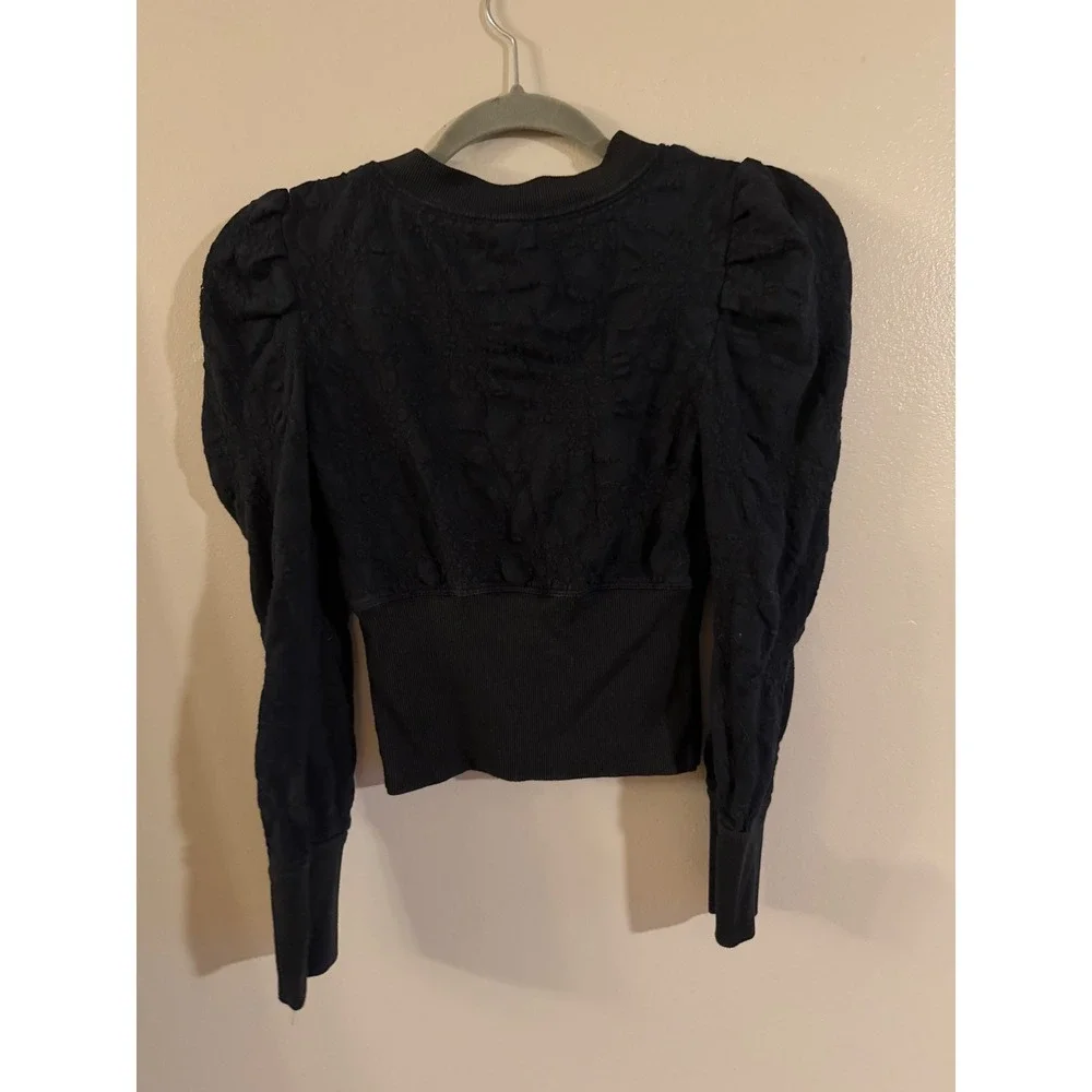 Free People Black Puff Sleeve Floral Jacquard V-Neck Button Top XS